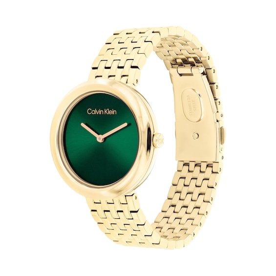 Ladiesâ Calvin Klein Twisted Bezel Gold-Tone IP Watch with Green Dial (Model: 25300066)