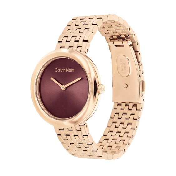 Ladiesâ Calvin Klein Twisted Bezel Rose-Tone IP Watch with Burgundy Dial (Model: 25100067)