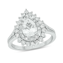 Pear-Shaped White Lab-Created Sapphire and 1/5 CT. T.W. Diamond Double Sunburst Frame Ring in 10K White Gold
