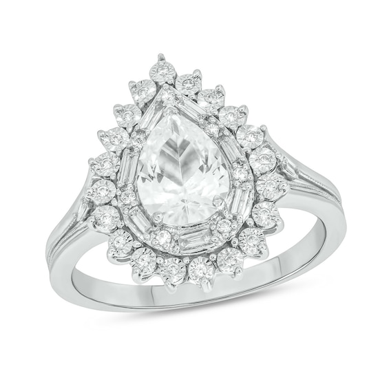 Pear-Shaped White Lab-Created Sapphire and 1/5 CT. T.w. Diamond Double Sunburst Frame Ring in 10K White Gold