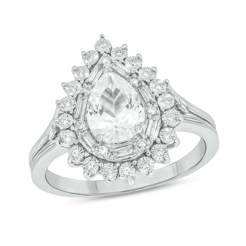Main Image 1 of Pear-Shaped White Lab-Created Sapphire and 1/5 CT. T.W. Diamond Double Sunburst Frame Ring in 10K White Gold