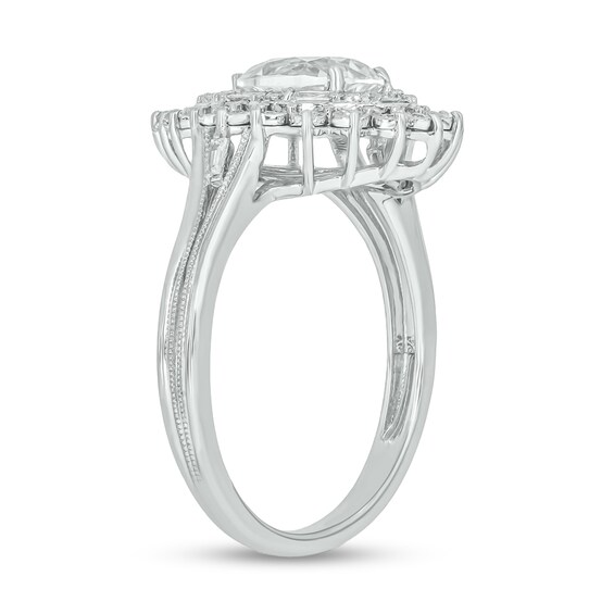 Pear-Shaped White Lab-Created Sapphire and 1/5 CT. T.w. Diamond Double Sunburst Frame Ring in 10K White Gold