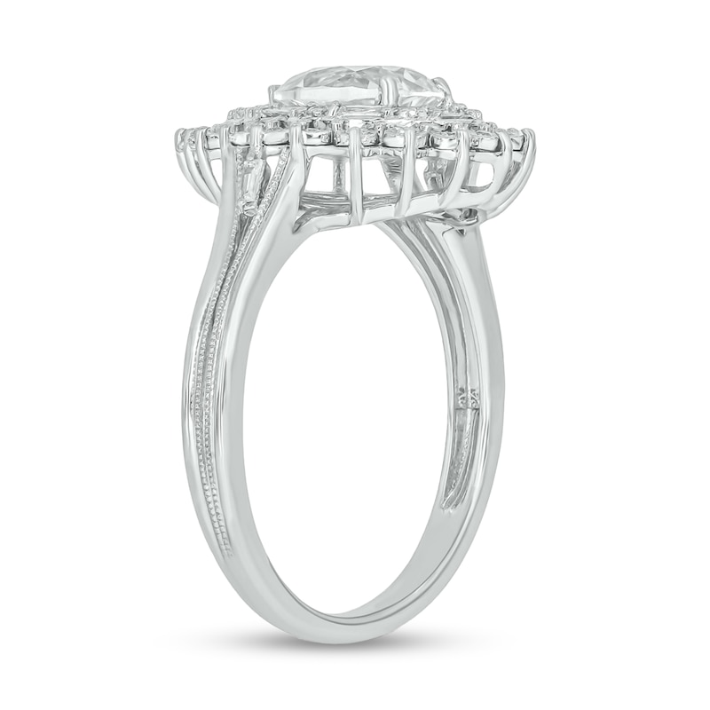 Main Image 2 of Pear-Shaped White Lab-Created Sapphire and 1/5 CT. T.W. Diamond Double Sunburst Frame Ring in 10K White Gold