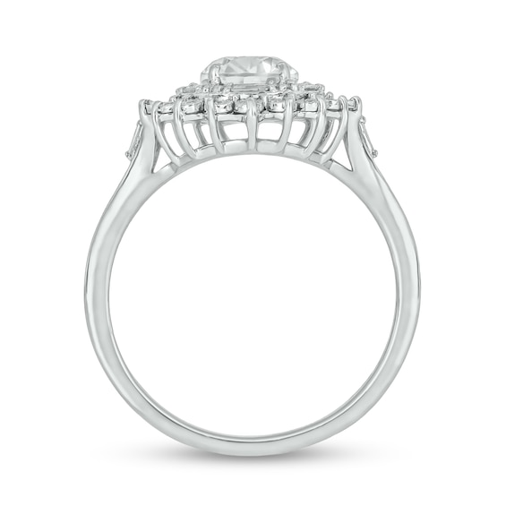 Pear-Shaped White Lab-Created Sapphire and 1/5 CT. T.w. Diamond Double Sunburst Frame Ring in 10K White Gold
