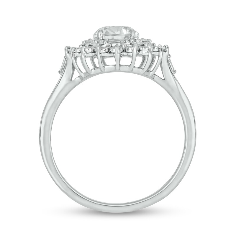 Main Image 3 of Pear-Shaped White Lab-Created Sapphire and 1/5 CT. T.W. Diamond Double Sunburst Frame Ring in 10K White Gold