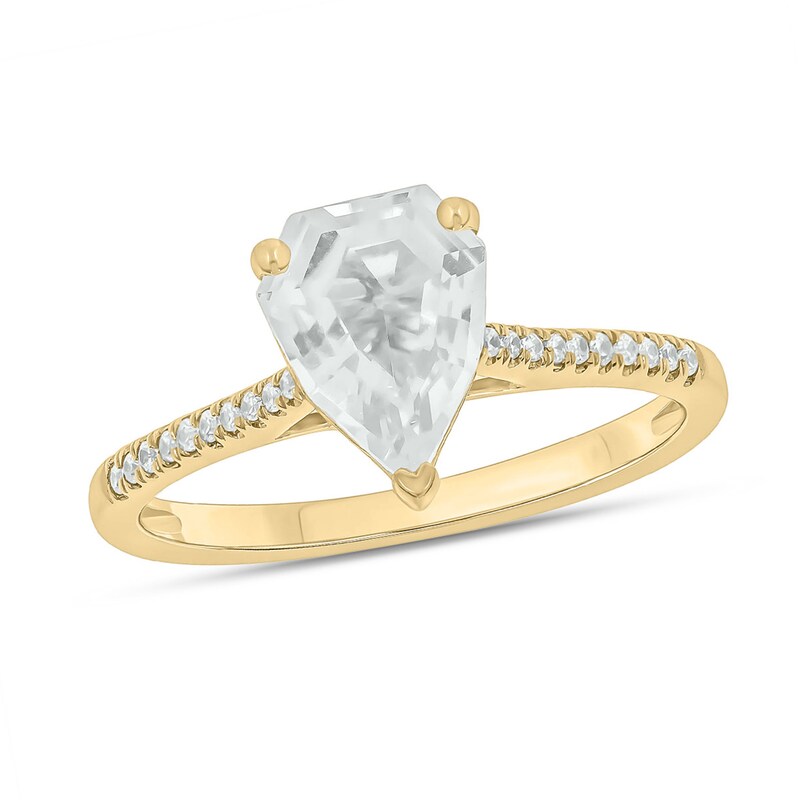 Main Image 1 of Shield-Shaped White Lab-Created Sapphire and 1/10 CT. T.W. Diamond Ring in 10K Gold