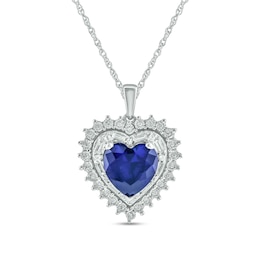 Heart-Shaped Blue Lab-Created Sapphire and 1/5 CT. T.W. Diamond Double Sunburst Frame Pendant in 10K White Gold