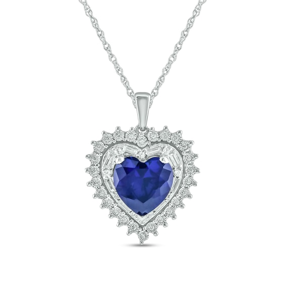 Heart-Shaped Blue Lab-Created Sapphire and 1/5 CT. T.w. Diamond Double Sunburst Frame Pendant in 10K White Gold