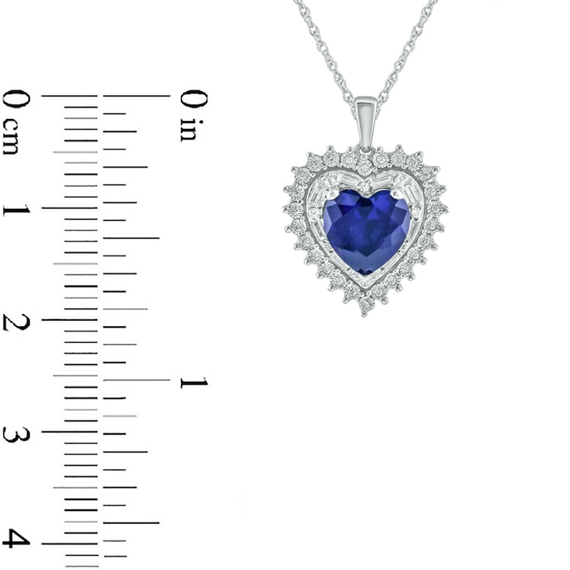 Main Image 3 of Heart-Shaped Blue Lab-Created Sapphire and 1/5 CT. T.W. Diamond Double Sunburst Frame Pendant in 10K White Gold