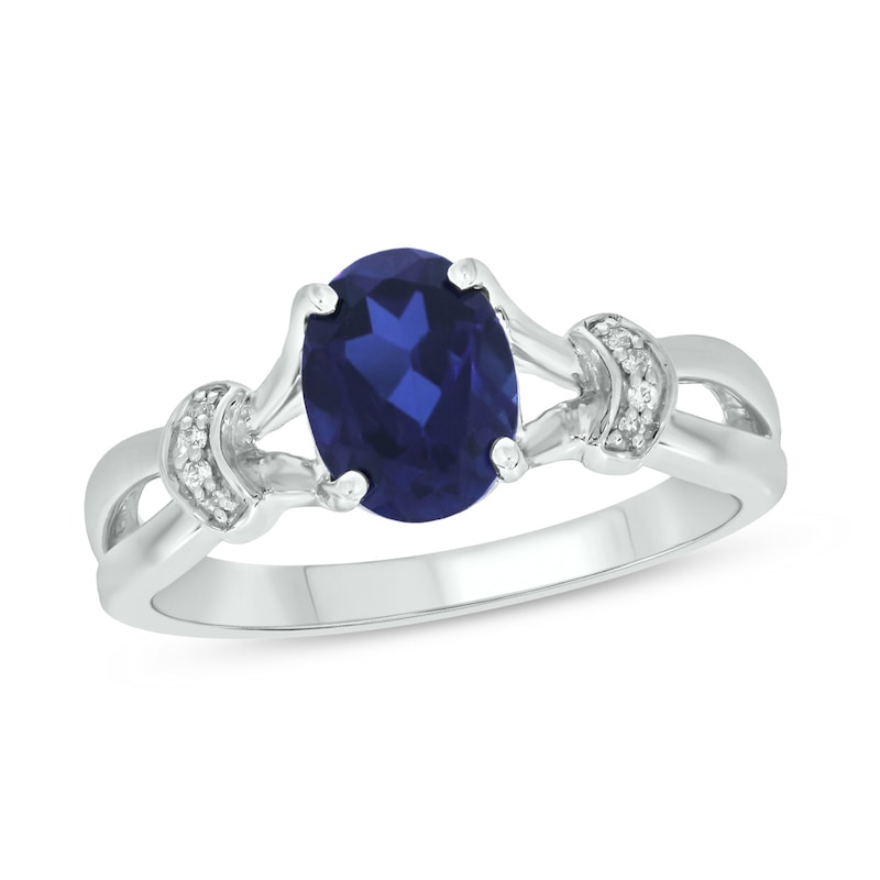 Main Image 1 of Oval Blue Lab-Created Sapphire and Diamond Accent Collar Split Shank Ring in Sterling Silver