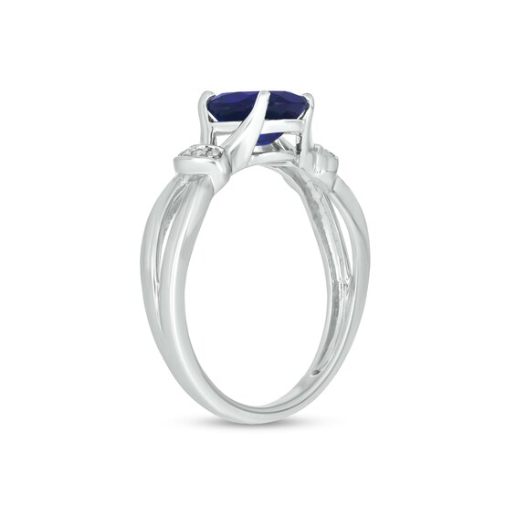 Oval Blue Lab-Created Sapphire and Diamond Accent Collar Split Shank Ring in Sterling Silver