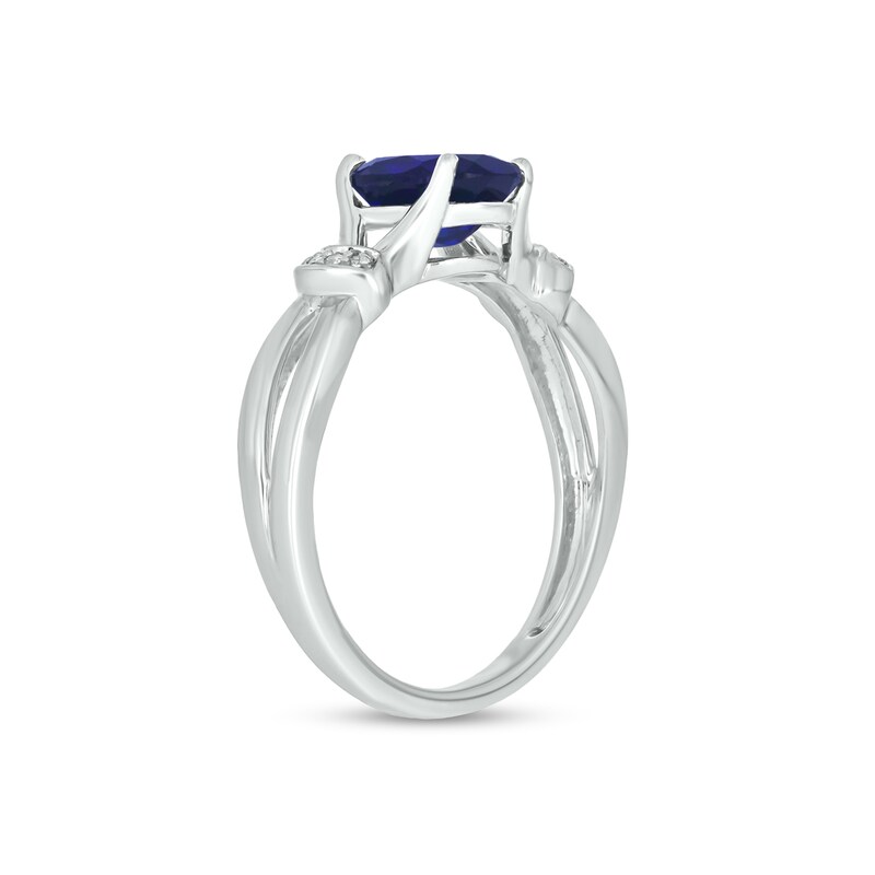 Main Image 2 of Oval Blue Lab-Created Sapphire and Diamond Accent Collar Split Shank Ring in Sterling Silver