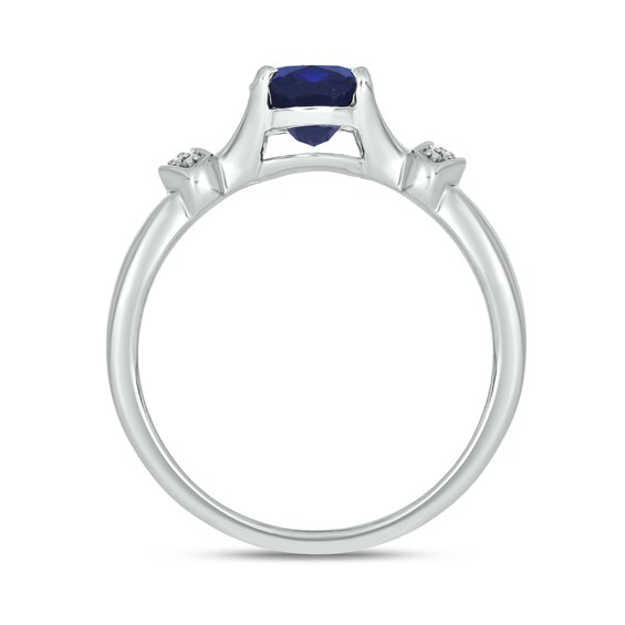 Oval Blue Lab-Created Sapphire and Diamond Accent Collar Split Shank Ring in Sterling Silver