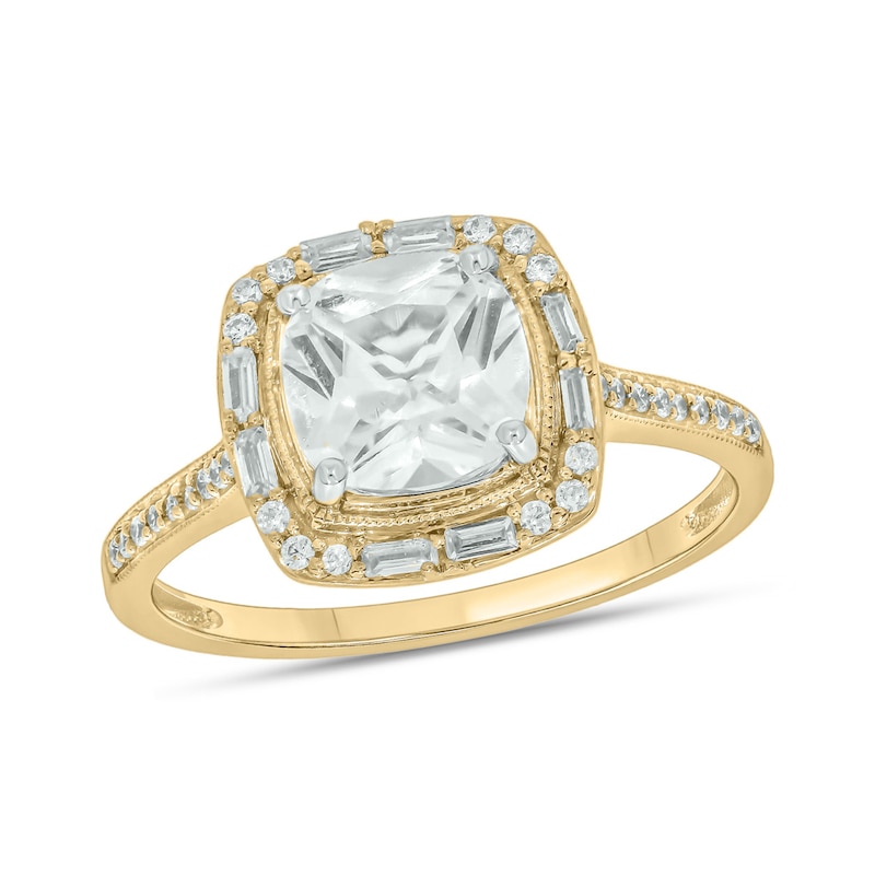 Main Image 1 of Cushion-Cut White Lab-Created Sapphire and 1/5 CT. T.W. Diamond Frame Ring in Sterling Silver with 14K Gold Plate