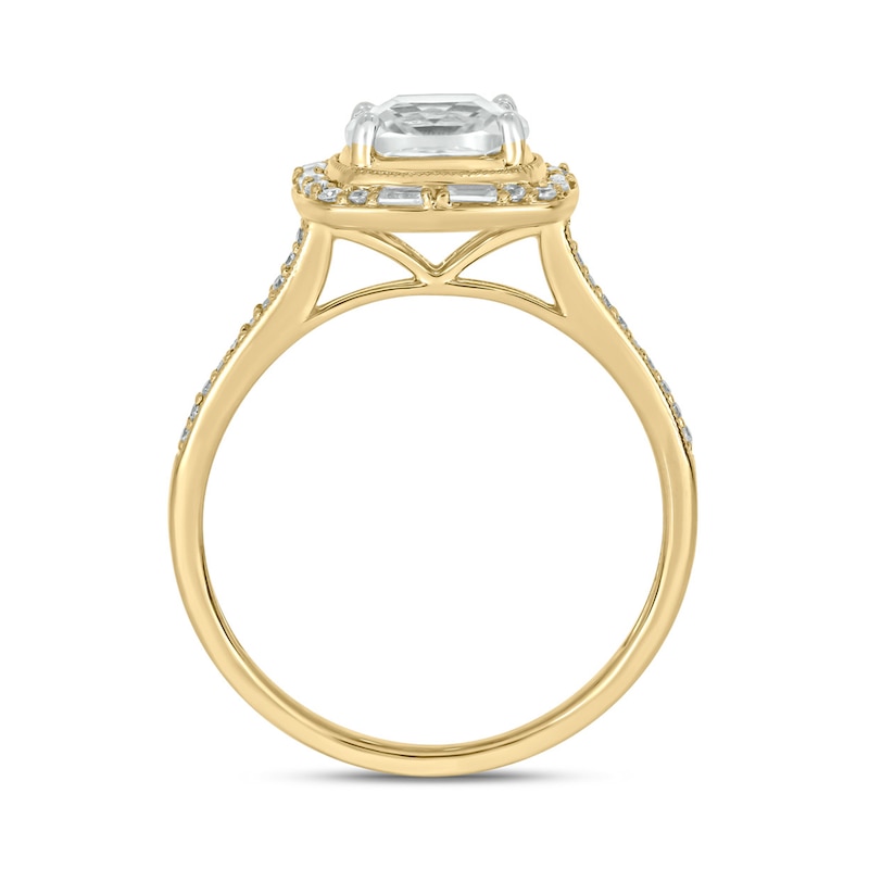 Main Image 3 of Cushion-Cut White Lab-Created Sapphire and 1/5 CT. T.W. Diamond Frame Ring in Sterling Silver with 14K Gold Plate