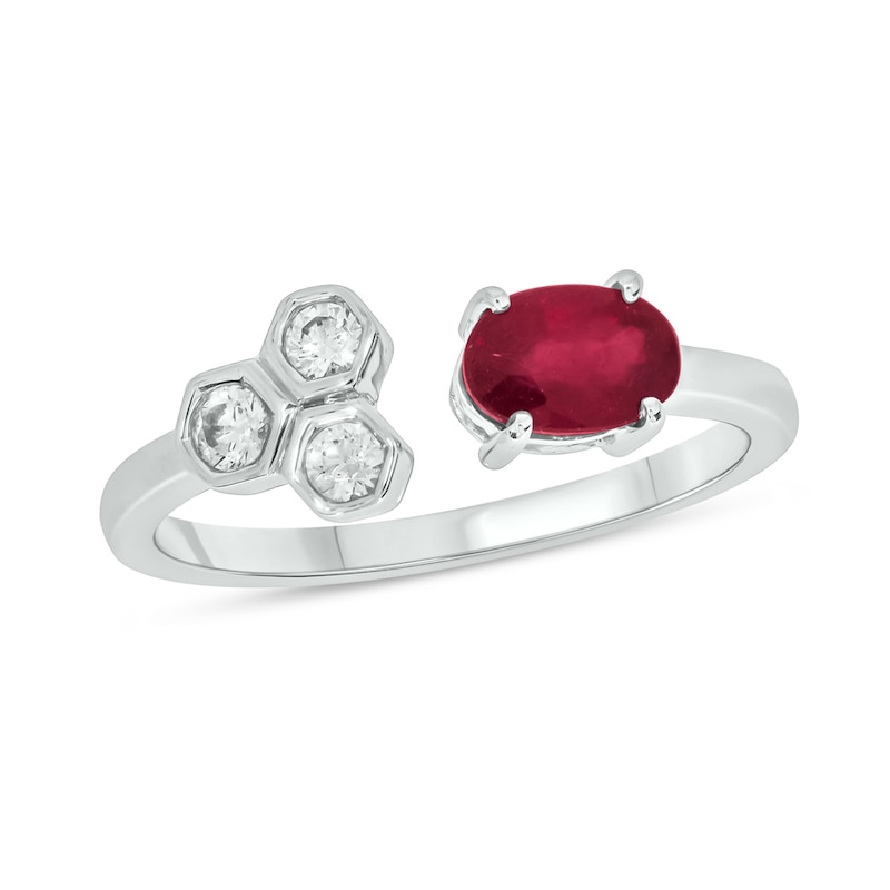 Main Image 1 of Oval Lab-Created Ruby and 1/6 CT. T.W. Diamond Open Shank Ring in 10K White Gold