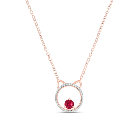 Lab-Created Ruby and 1/10 CT. T.w. Diamond Cat Necklace in Sterling Silver with 14K Rose Gold Plate