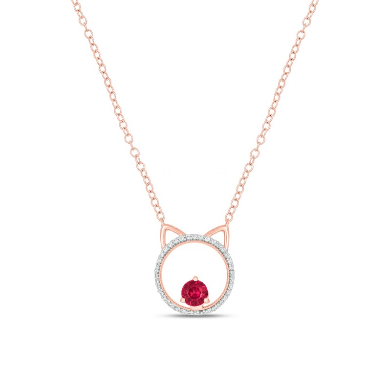 Main Image 1 of Lab-Created Ruby and 1/10 CT. T.W. Diamond Cat Necklace in Sterling Silver with 14K Rose Gold Plate