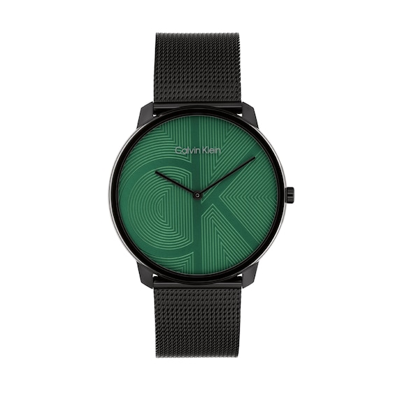 Men’s Calvin Klein Iconic Black IP Mesh Watch with Textured Green Dial (Model: 25300013)