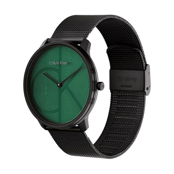 Men’s Calvin Klein Iconic Black IP Mesh Watch with Textured Green Dial (Model: 25300013)