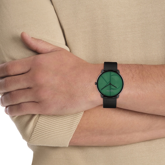 Men’s Calvin Klein Iconic Black IP Mesh Watch with Textured Green Dial (Model: 25300013)