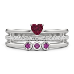 Heart-Shaped Lab-Created Ruby with Pink and White Lab-Created Sapphire Faux Stack Ring in Sterling Silver