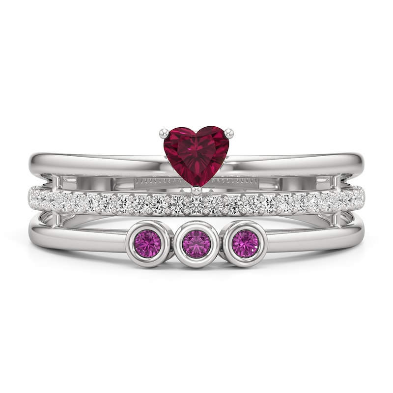 Main Image 1 of Heart-Shaped Lab-Created Ruby with Pink and White Lab-Created Sapphire Faux Stack Ring in Sterling Silver