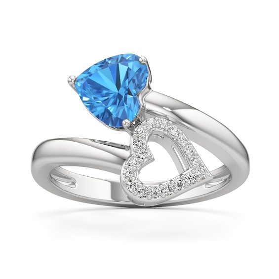 7.0mm Heart-Shaped Swiss Blue Topaz and White Lab-Created Sapphire Bypass Ring in Sterling Silver