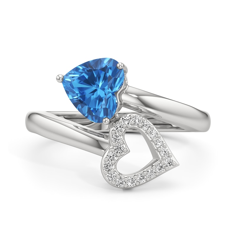 Main Image 3 of 7.0mm Heart-Shaped Swiss Blue Topaz and White Lab-Created Sapphire Bypass Ring in Sterling Silver