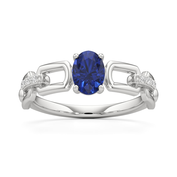 Oval Blue and White Lab-Created Sapphire Chain Link Ring in Sterling Silver