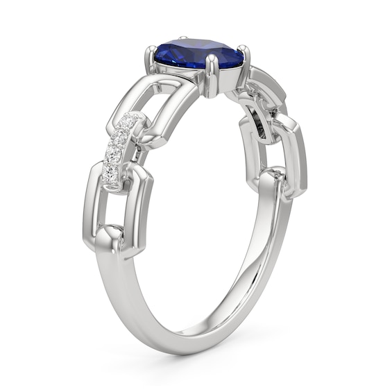 Oval Blue and White Lab-Created Sapphire Chain Link Ring in Sterling Silver