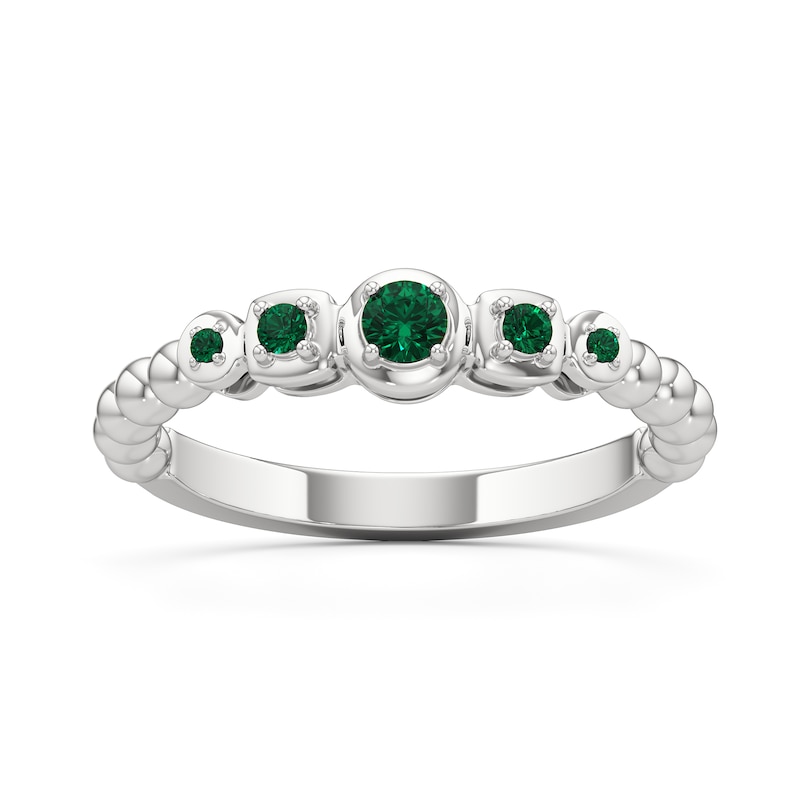 Main Image 1 of Lab-Created Emerald Graduated Five Stone Beaded Ring in Sterling Silver