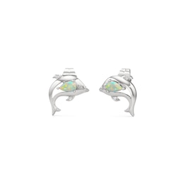 Pear-Shaped Lab-Created Opal and White Lab-Created Sapphire Dolphin Stud Earrings in Sterling Silver