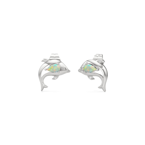 Pear-Shaped Lab-Created Opal and White Lab-Created Sapphire Dolphin Stud Earrings in Sterling Silver