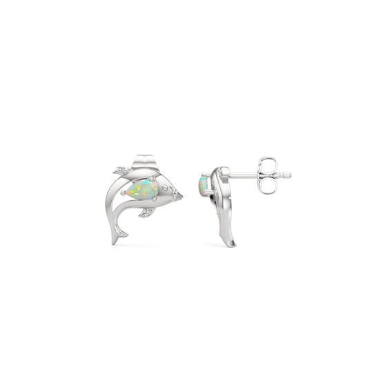 Pear-Shaped Lab-Created Opal and White Lab-Created Sapphire Dolphin Stud Earrings in Sterling Silver