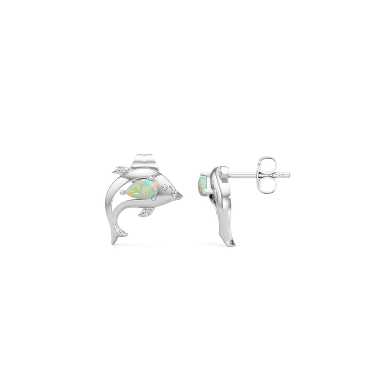 Main Image 2 of Pear-Shaped Lab-Created Opal and White Lab-Created Sapphire Dolphin Stud Earrings in Sterling Silver