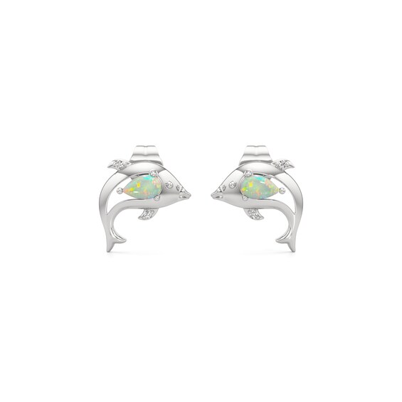 Pear-Shaped Lab-Created Opal and White Lab-Created Sapphire Dolphin Stud Earrings in Sterling Silver