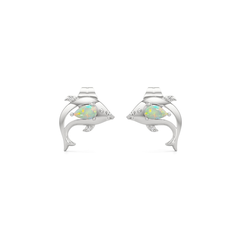 Main Image 3 of Pear-Shaped Lab-Created Opal and White Lab-Created Sapphire Dolphin Stud Earrings in Sterling Silver