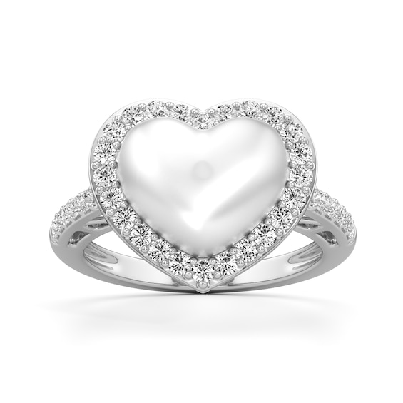 Heart-Shaped Freshwater Cultured Pearl and White Lab-Created Sapphire Frame Ring in Sterling Silver