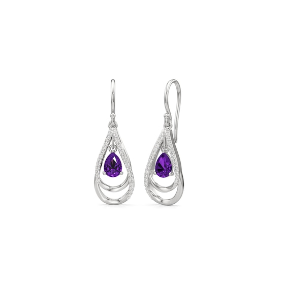 Pear-Shaped Amethyst and White Lab-Created Sapphire Double Frame Teardrop Earrings in Sterling Silver