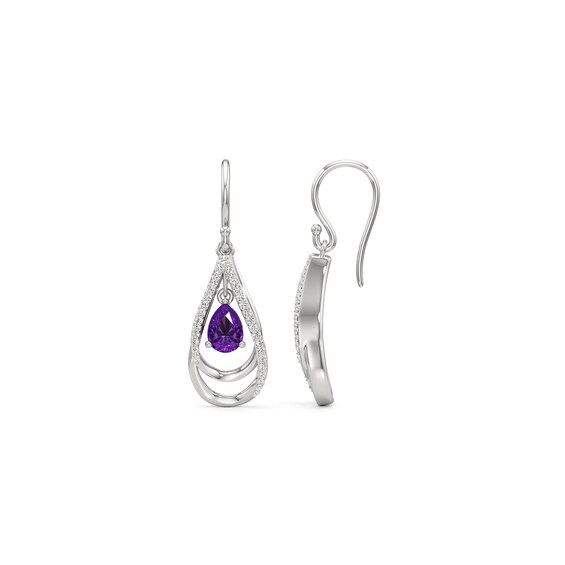 Pear-Shaped Amethyst and White Lab-Created Sapphire Double Frame Teardrop Earrings in Sterling Silver