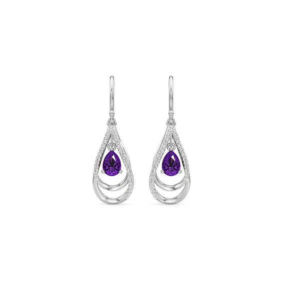 Pear-Shaped Amethyst and White Lab-Created Sapphire Double Frame Teardrop Earrings in Sterling Silver