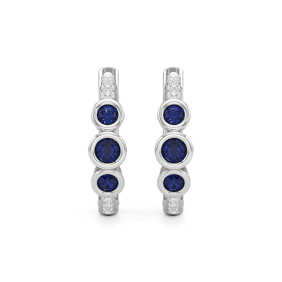 Blue and White Lab-Created Sapphire Bezel-Set Three Stone Hoop Earrings in Sterling Silver