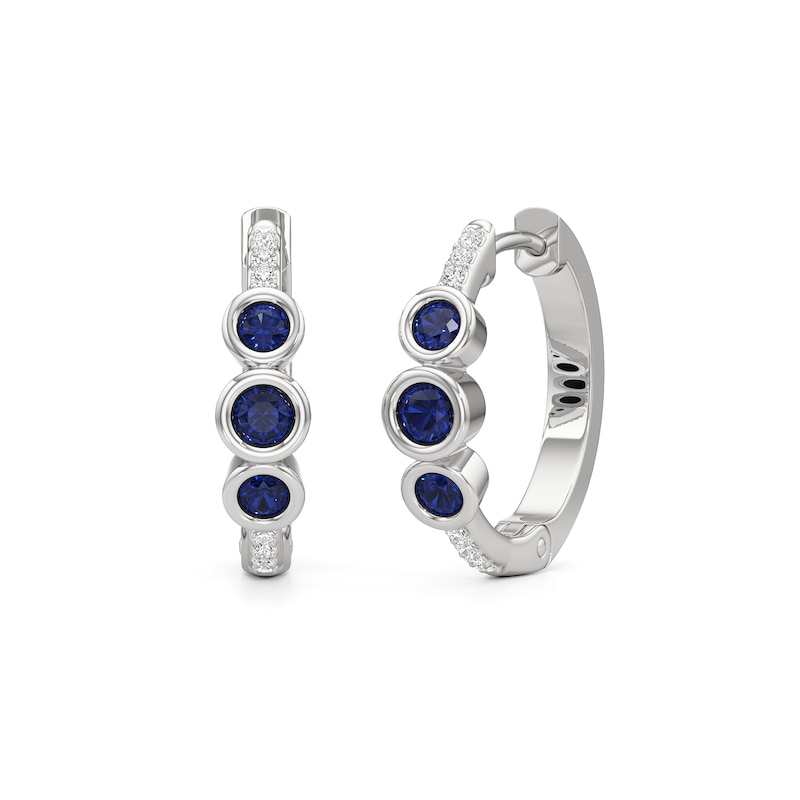 Main Image 2 of Blue and White Lab-Created Sapphire Bezel-Set Three Stone Hoop Earrings in Sterling Silver