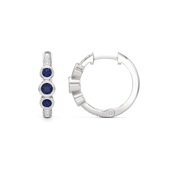 Blue and White Lab-Created Sapphire Bezel-Set Three Stone Hoop Earrings in Sterling Silver