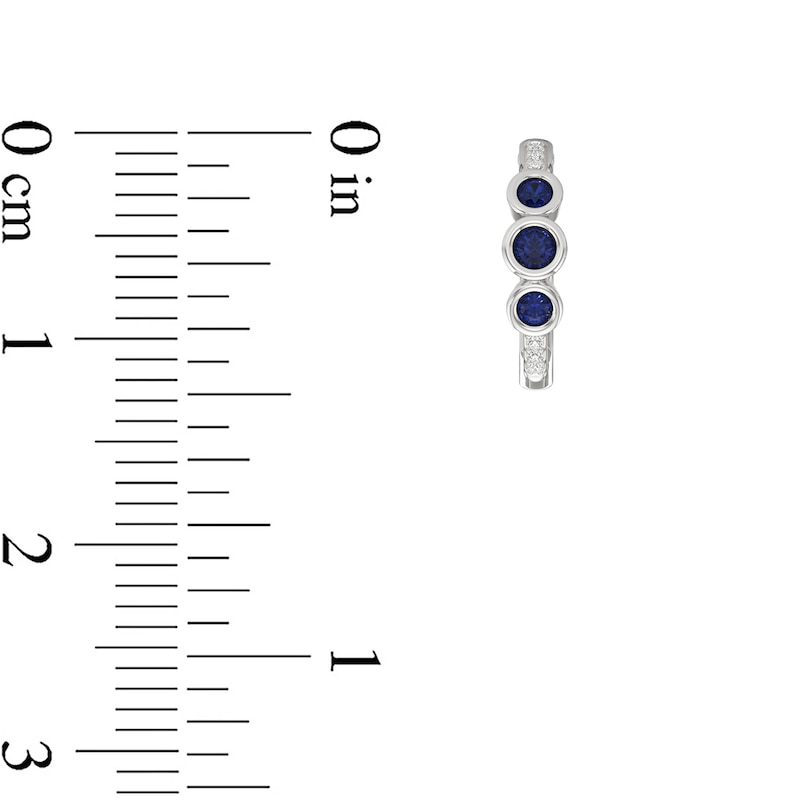 Main Image 4 of Blue and White Lab-Created Sapphire Bezel-Set Three Stone Hoop Earrings in Sterling Silver