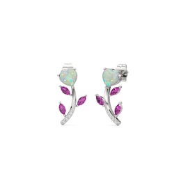 Heart-Shaped Lab-Created Opal with Pink and White Lab-Created Sapphire Flower Stud Earrings in Sterling Silver