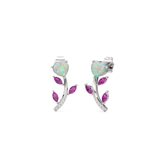 Heart-Shaped Lab-Created Opal with Pink and White Lab-Created Sapphire Flower Stud Earrings in Sterling Silver