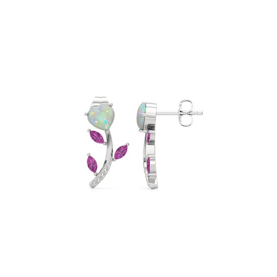 Heart-Shaped Lab-Created Opal with Pink and White Lab-Created Sapphire Flower Stud Earrings in Sterling Silver