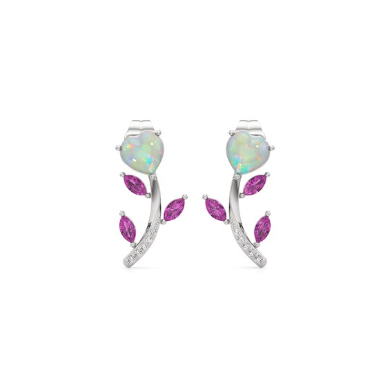 Heart-Shaped Lab-Created Opal with Pink and White Lab-Created Sapphire Flower Stud Earrings in Sterling Silver